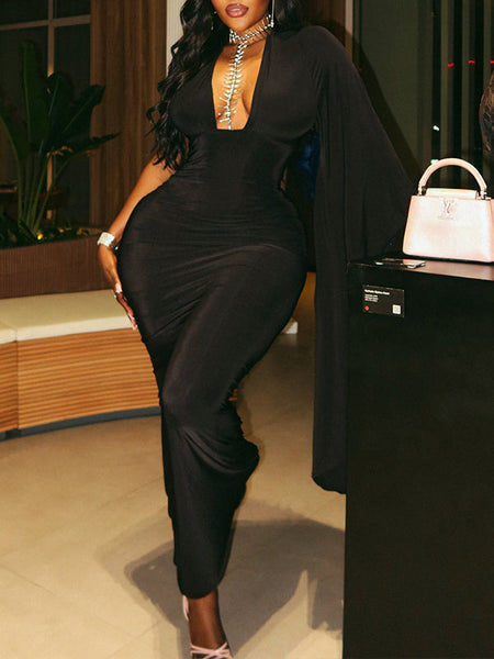 V-Neck One-Sleeve Bodycon Dress