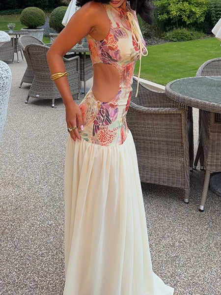 Print-Combo Lace-Up Sleeveless Maxi Dress