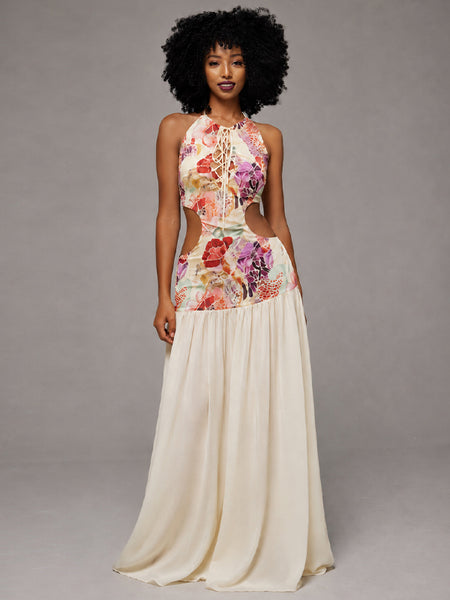 Print-Combo Lace-Up Sleeveless Maxi Dress