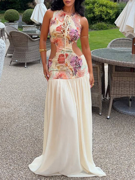 Print-Combo Lace-Up Sleeveless Maxi Dress