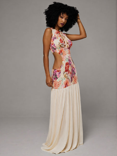 Print-Combo Lace-Up Sleeveless Maxi Dress