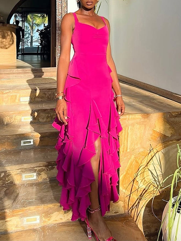 Ruffle Sleeveless Slit Dress