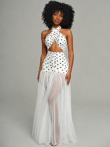 Dot Sheer-Combo Halter Dress