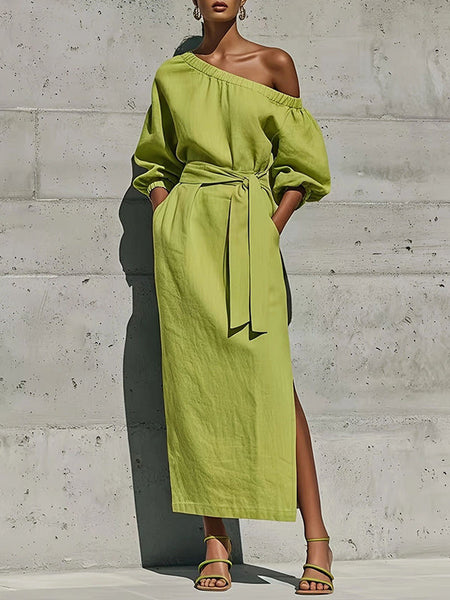 Boat-Neck Tied Slit Dress