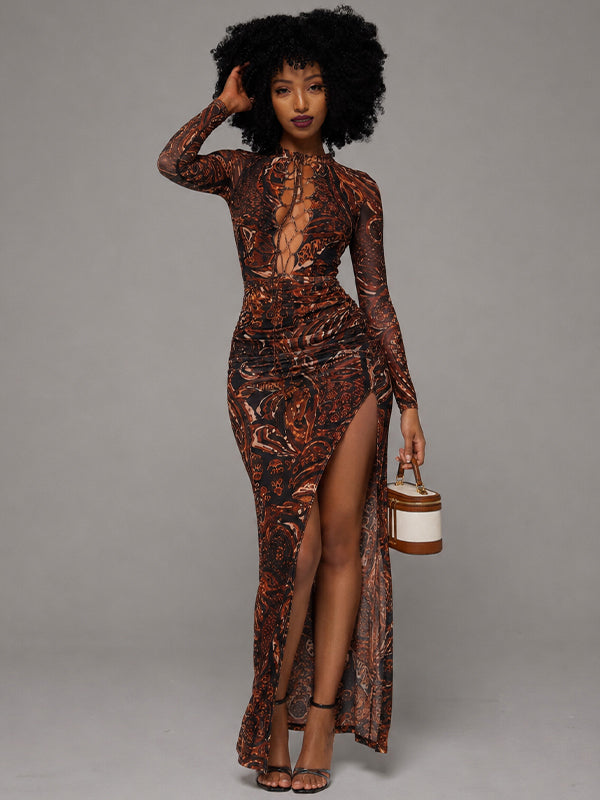 Printed Lace-Up Slit Dress