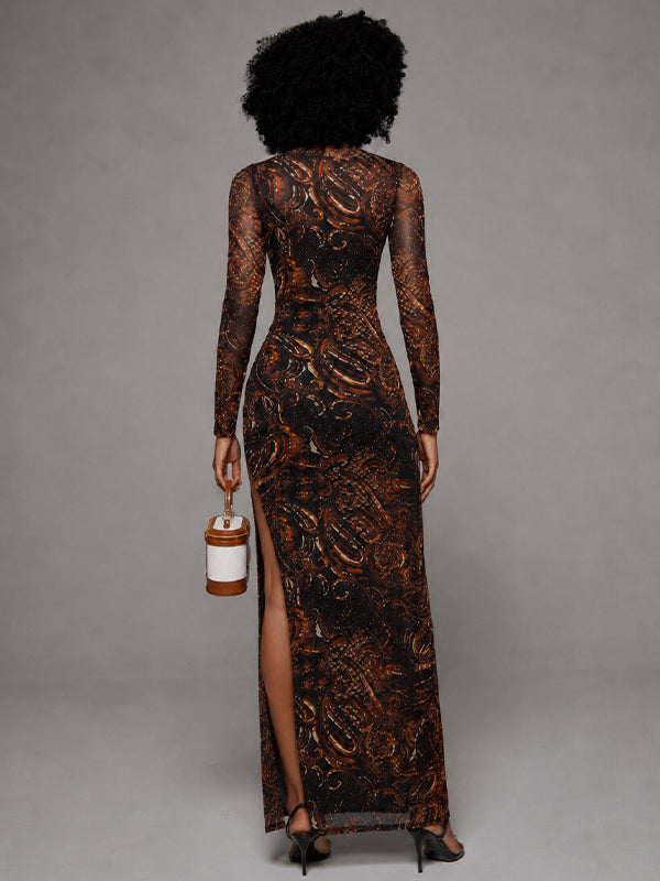 Printed Lace-Up Slit Dress