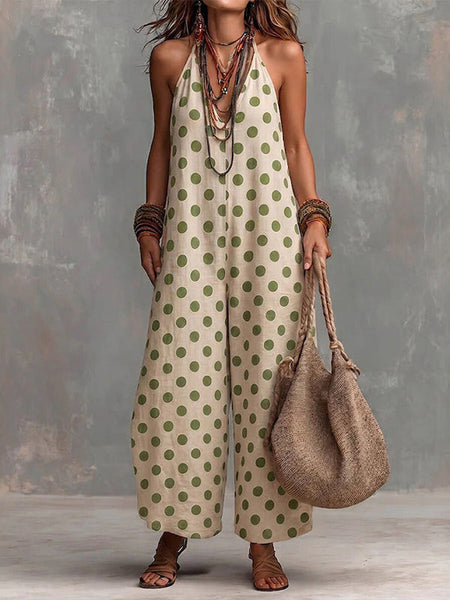 Dot V-Neck Halter Jumpsuit