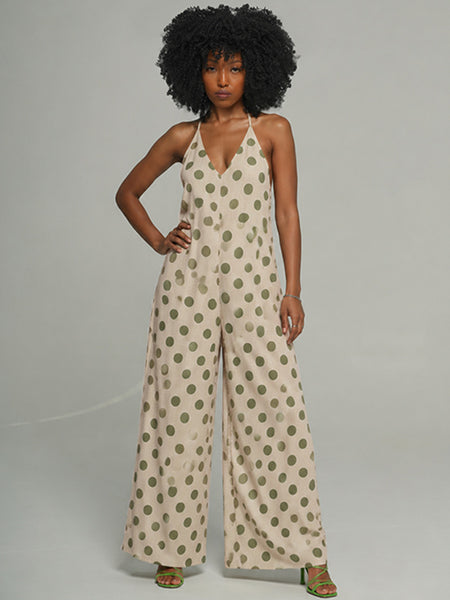 Dot V-Neck Halter Jumpsuit