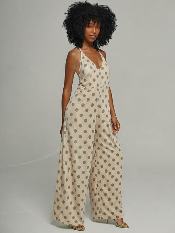 Dot V-Neck Halter Jumpsuit