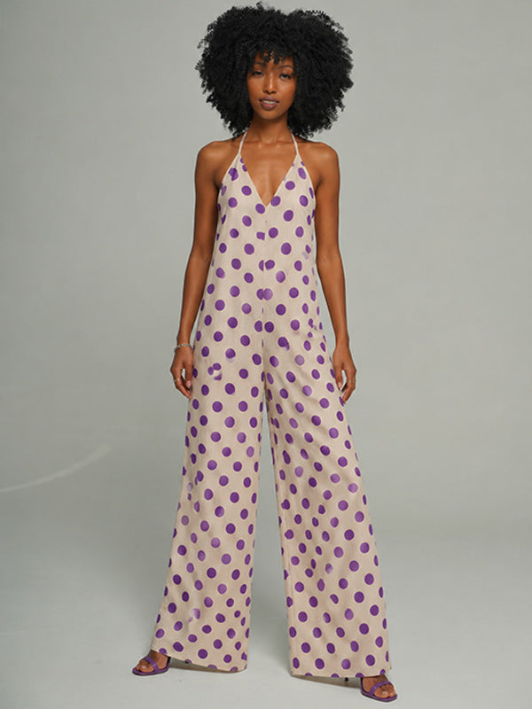 Dot V-Neck Halter Jumpsuit