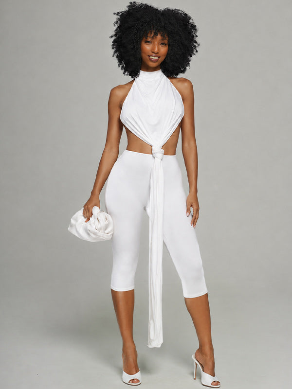Solid Tied Halter Top & Capri Pants Set