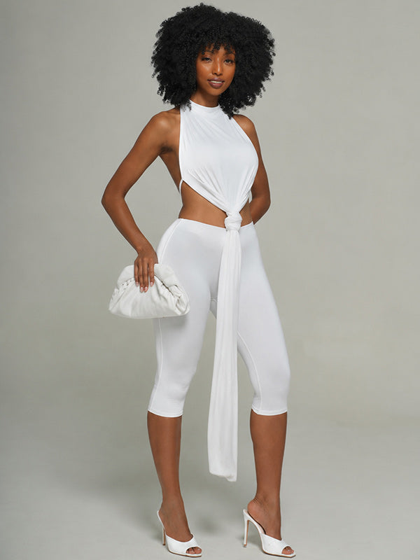 Solid Tied Halter Top & Capri Pants Set