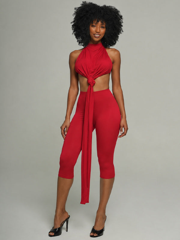 Solid Tied Halter Top & Capri Pants Set