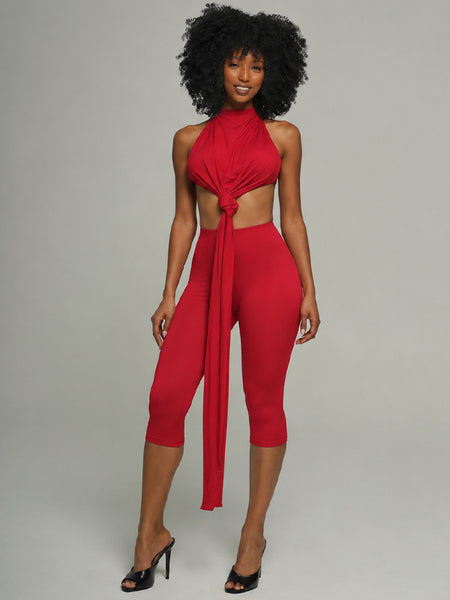 Solid Tied Halter Top & Capri Pants Set
