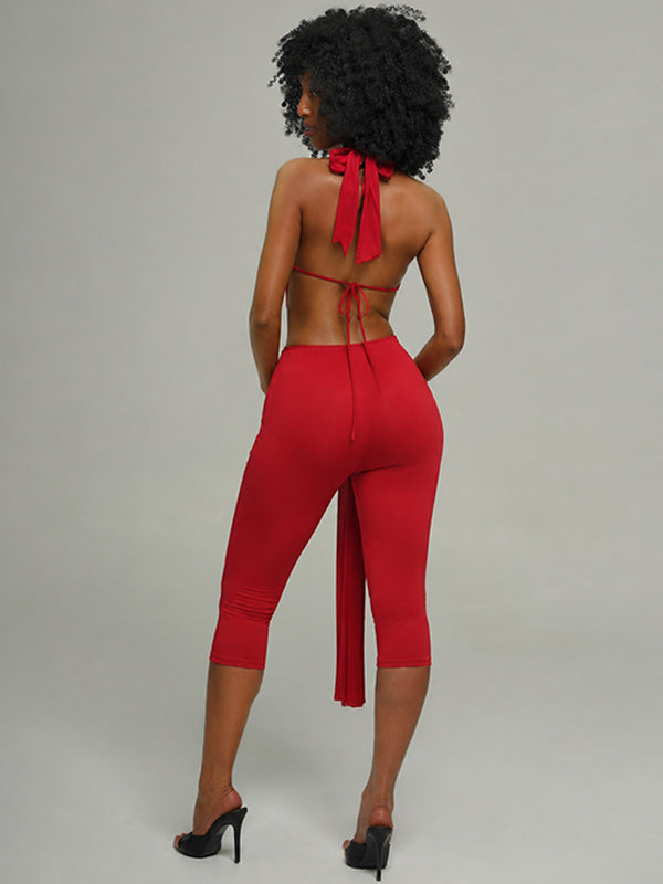 Solid Tied Halter Top & Capri Pants Set