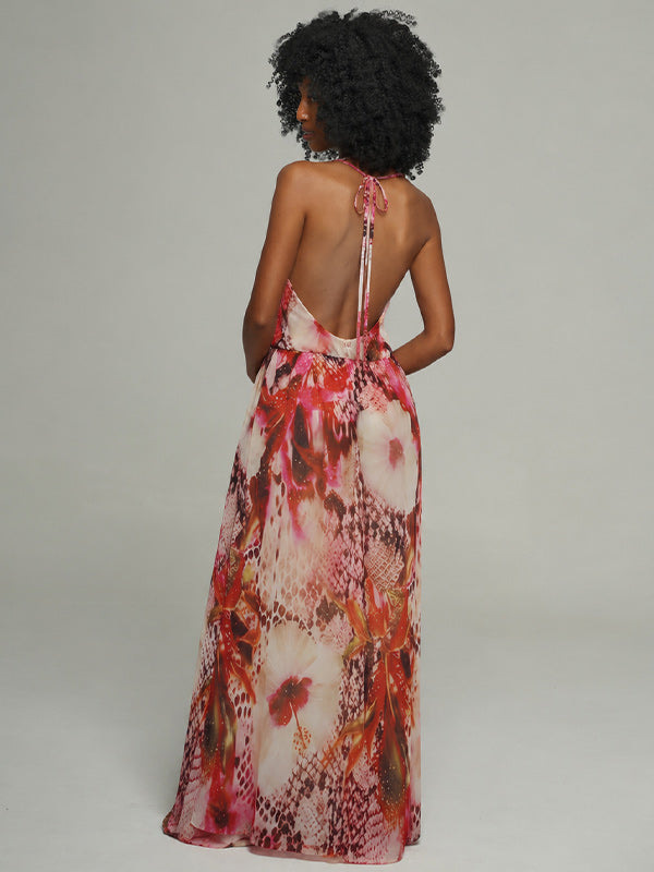 Printed Halter Slit Dress