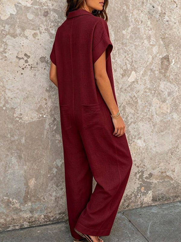 Button-Front Wide-Leg Jumpsuits