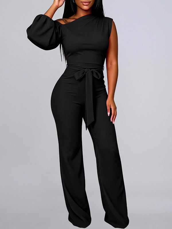 Solid Boat-Neck Tied Jumpsuit