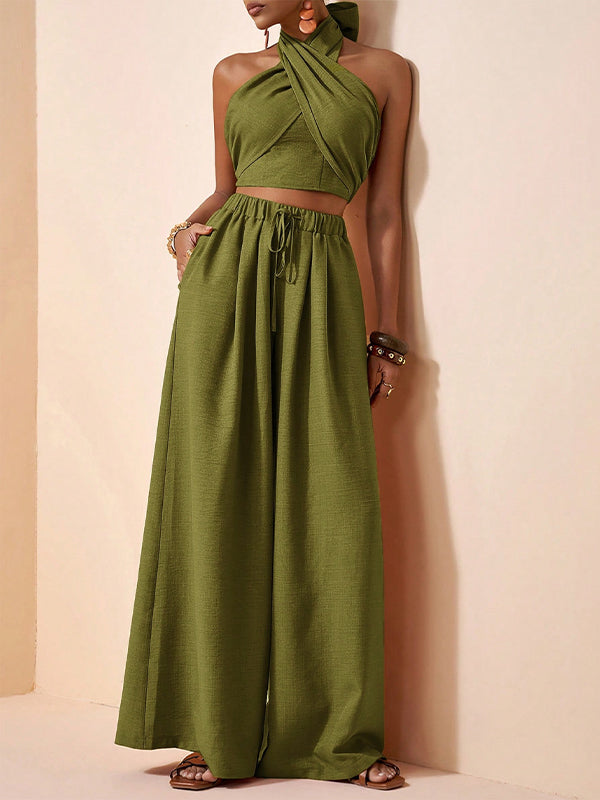 Solid Halter Top & Wide-Leg Pants Set