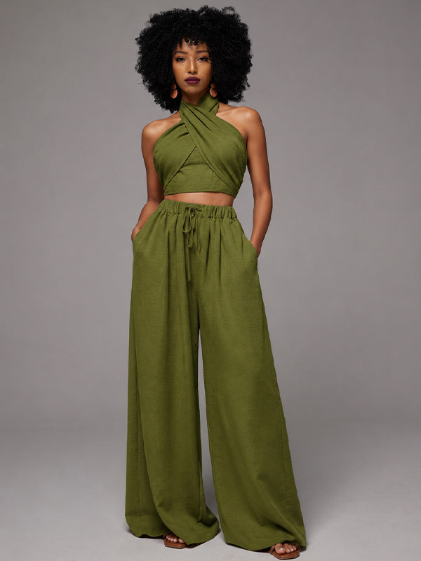 Solid Halter Top & Wide-Leg Pants Set