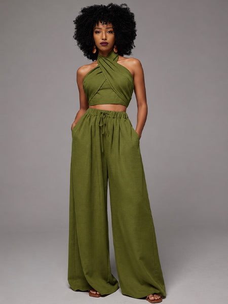 Solid Halter Top & Wide-Leg Pants Set