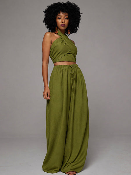 Solid Halter Top & Wide-Leg Pants Set
