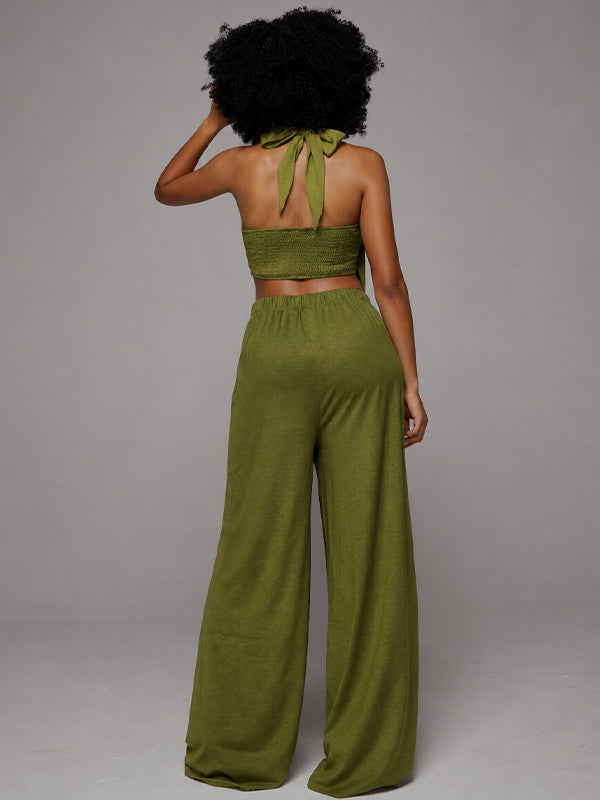 Solid Halter Top & Wide-Leg Pants Set