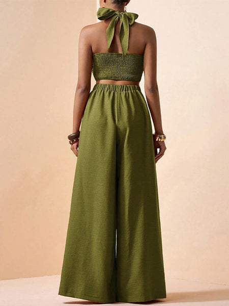 Solid Halter Top & Wide-Leg Pants Set