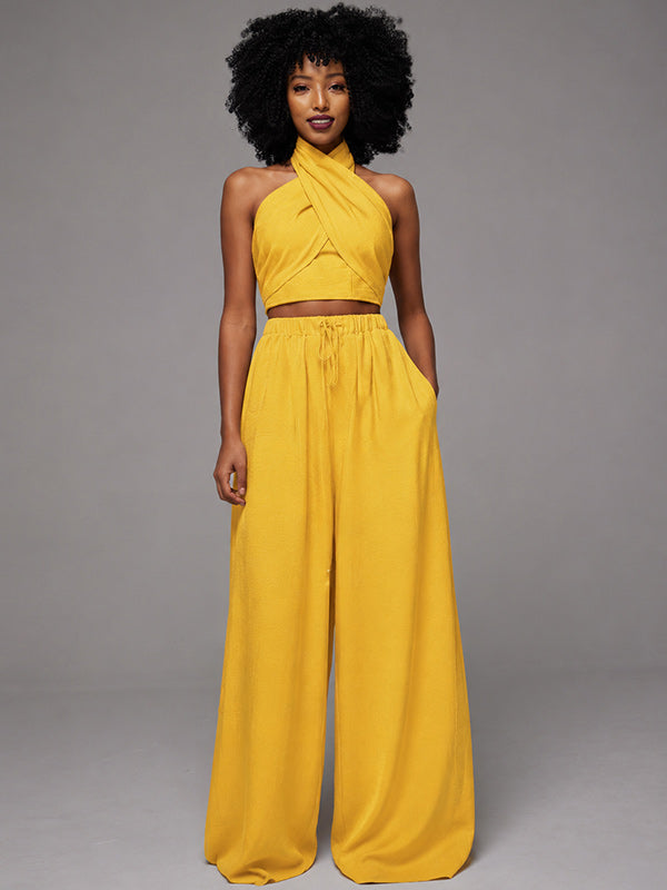 Solid Halter Top & Wide-Leg Pants Set