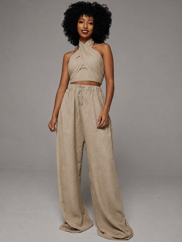 Solid Halter Top & Wide-Leg Pants Set