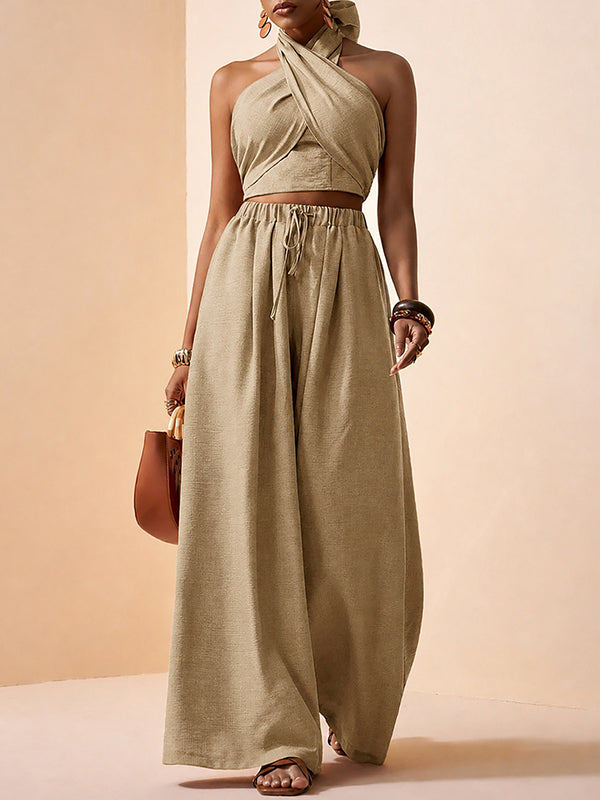 Solid Halter Top & Wide-Leg Pants Set