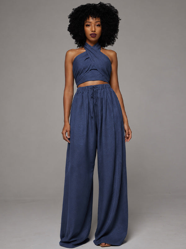 Solid Halter Top & Wide-Leg Pants Set