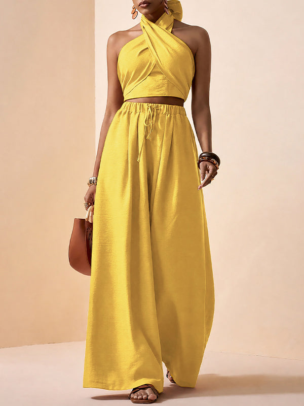 Solid Halter Top & Wide-Leg Pants Set
