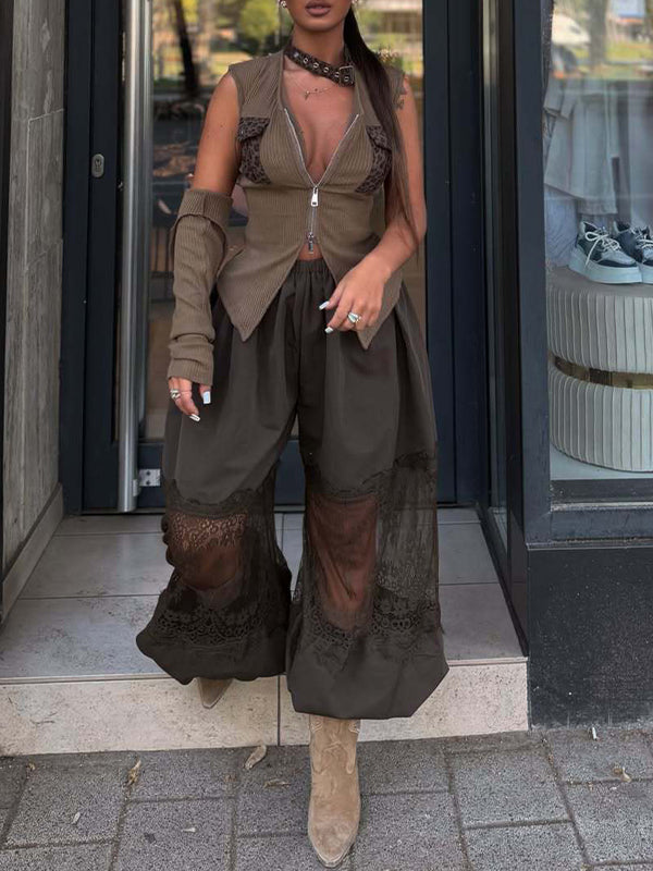 Lace-Combo Wide-Leg Pants