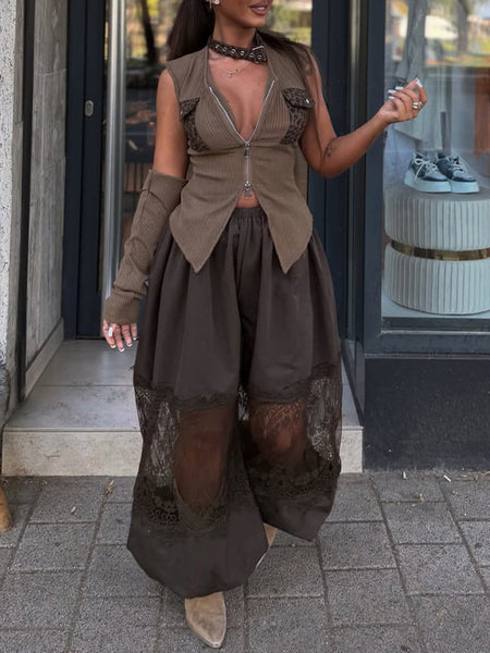 Lace-Combo Wide-Leg Pants