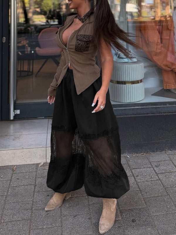 Lace-Combo Wide-Leg Pants