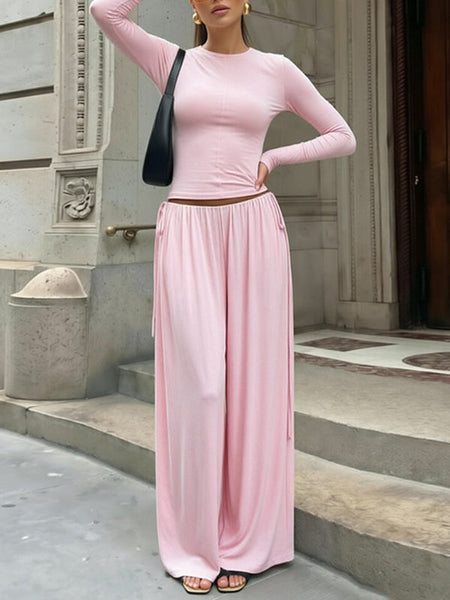 Solid Tee & Drawstring Wide-Leg Pants Set