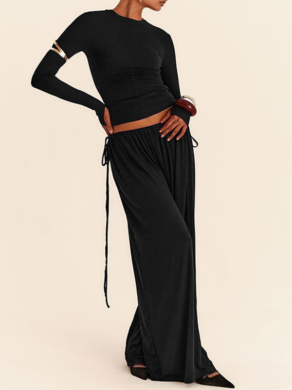 Solid Tee & Drawstring Wide-Leg Pants Set
