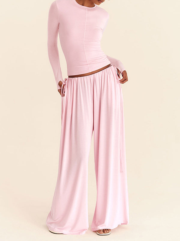Solid Tee & Drawstring Wide-Leg Pants Set