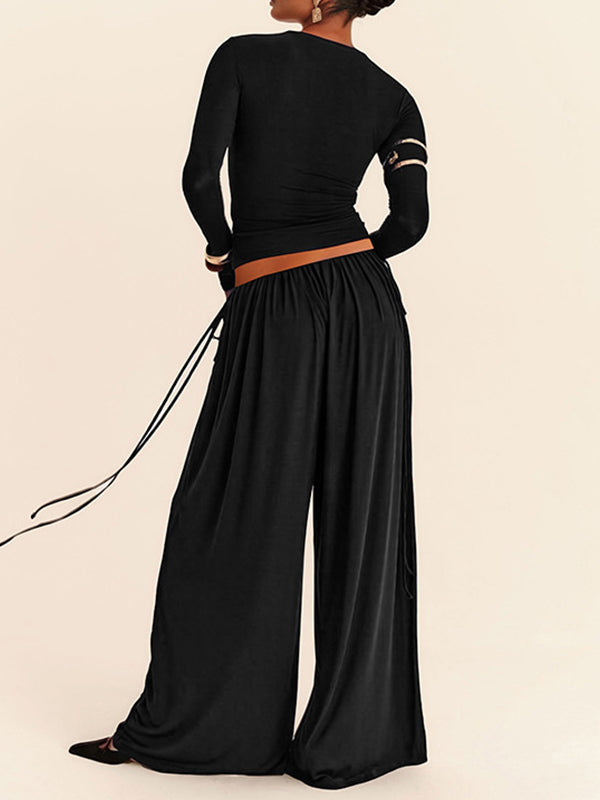 Solid Tee & Drawstring Wide-Leg Pants Set