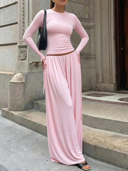 Solid Tee & Drawstring Wide-Leg Pants Set