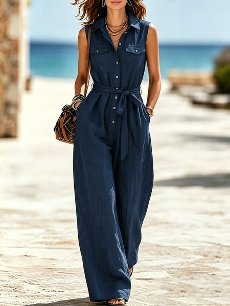 Button-Front Sleeveless Tied Jumpsuit