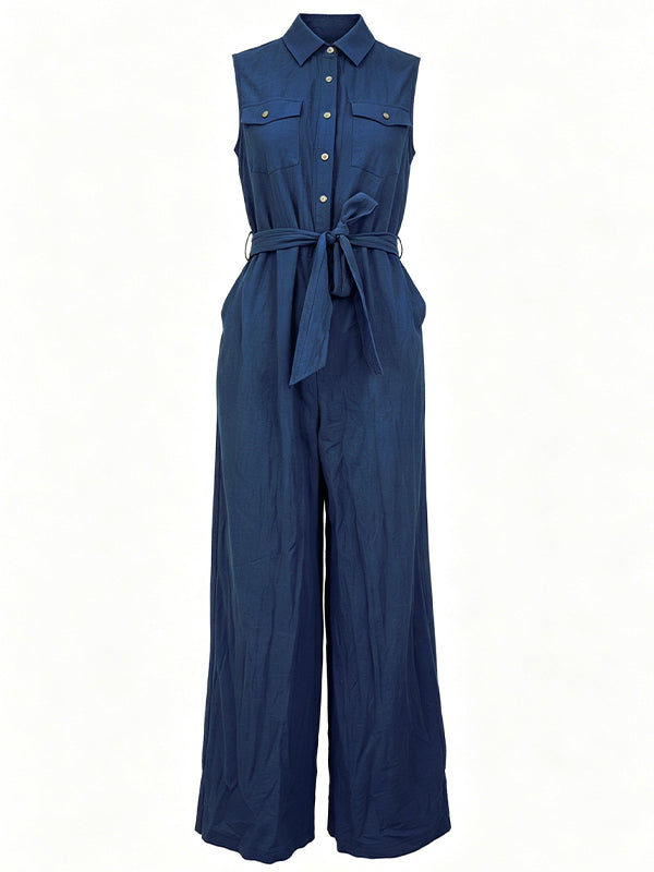 Button-Front Sleeveless Tied Jumpsuit