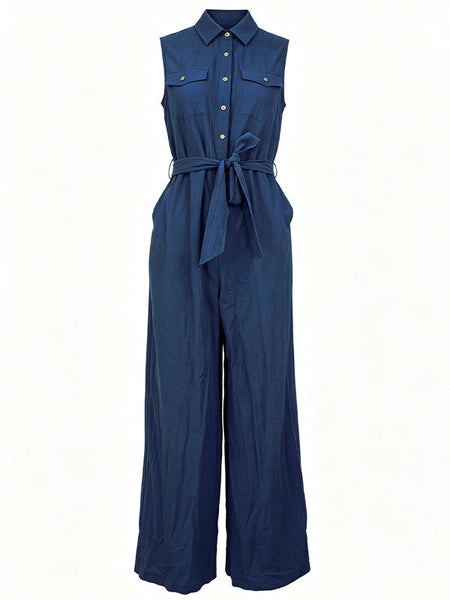Button-Front Sleeveless Tied Jumpsuit