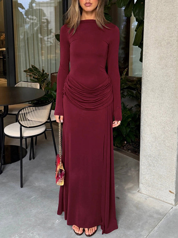 Solid Ruched Slit Dress