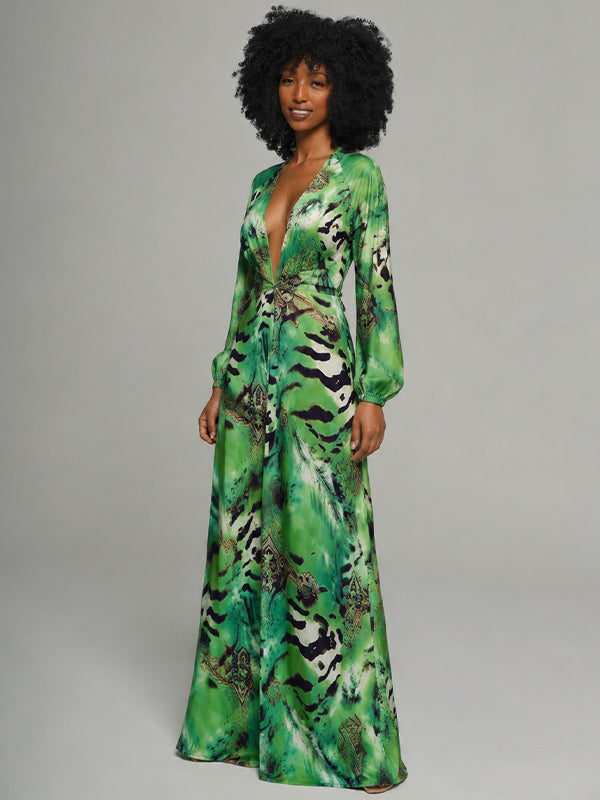 Printed V-Neck Maxi Dress