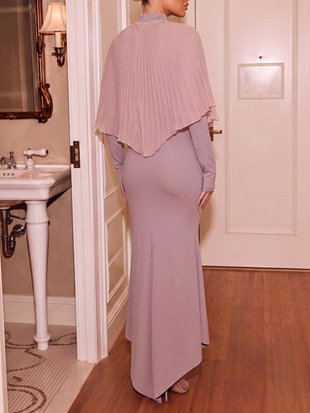 Mock-Neck Dress with Pleated Cape