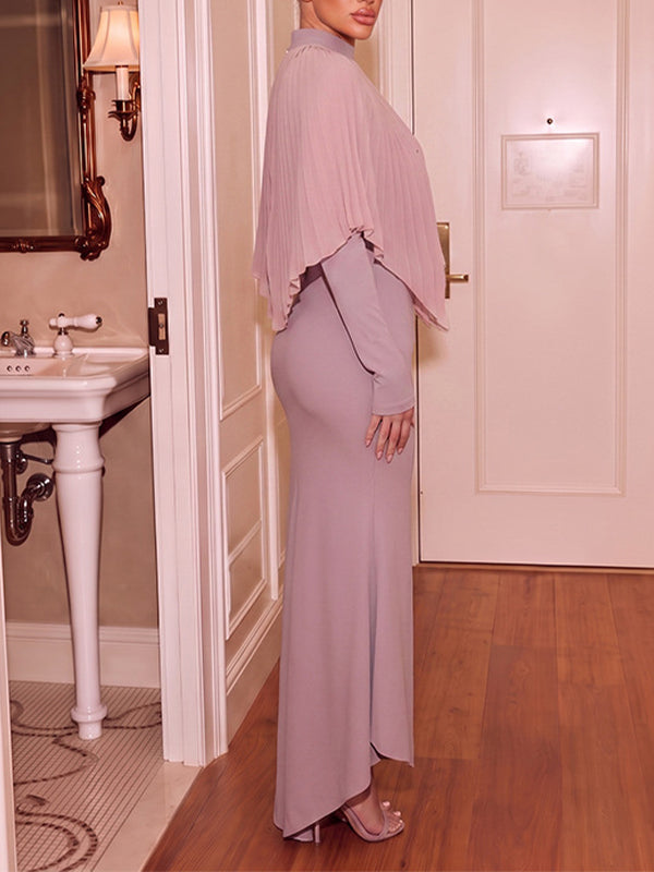 Mock-Neck Dress with Pleated Cape