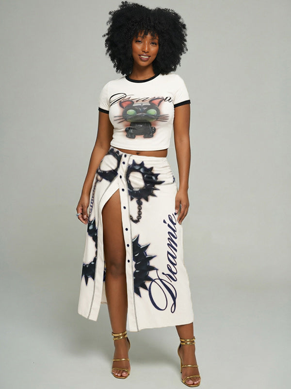 Graphic Crop Top Slit Skirt Set