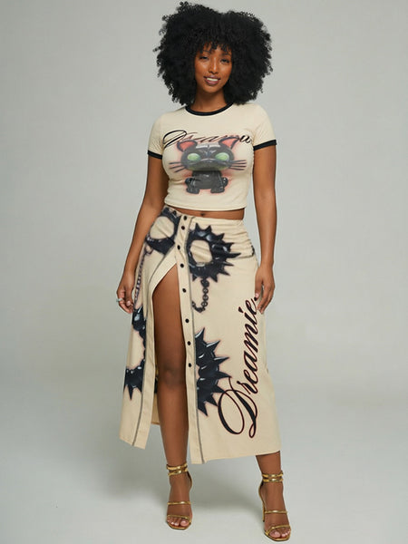 Graphic Crop Top Slit Skirt Set